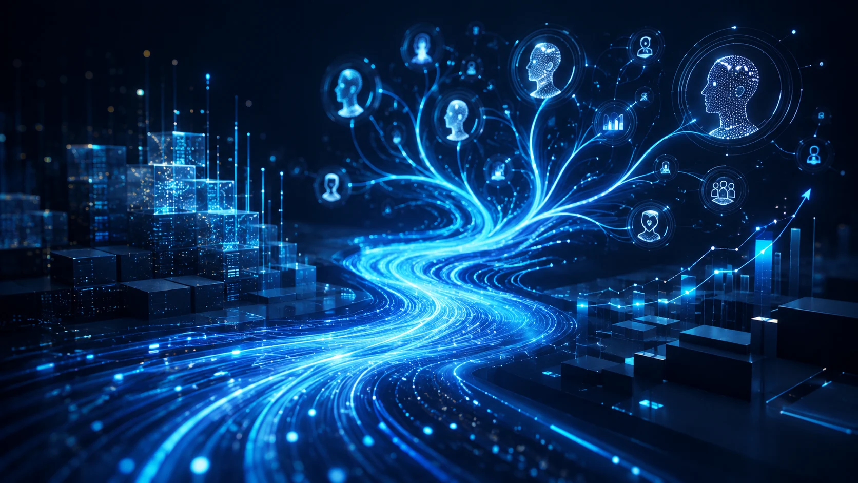 Futuristic AI data network illustrating personalized AI growth and user-driven machine learning.